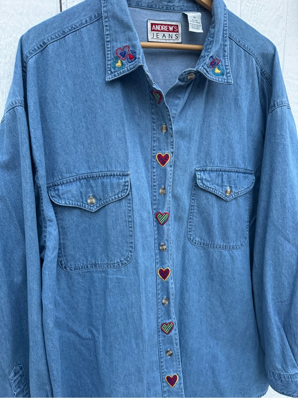 Vintage Andrew’s Jeans Denim Shirt 2X Embroidered Hearts Oversized Button Up